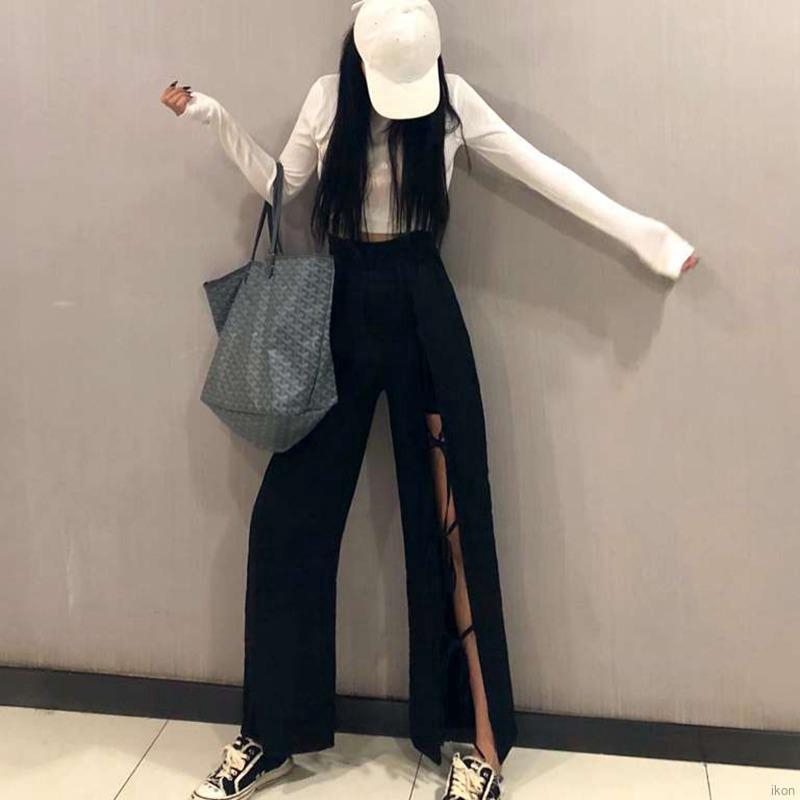 Quần Dài Lưng Cao Dáng Rộng Thiết Kế Xẻ Thanh Lịch