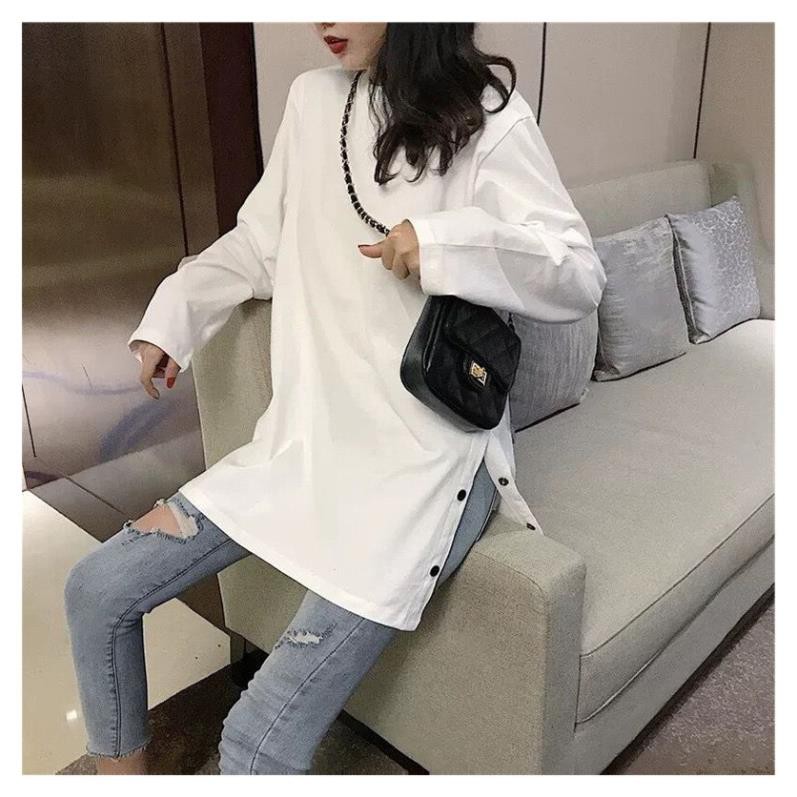 Áo thun nữ dài tay xẻ tà cotton phong cách unisex ulzzang Hàn Quốc C63 - Maoshop Đẹp