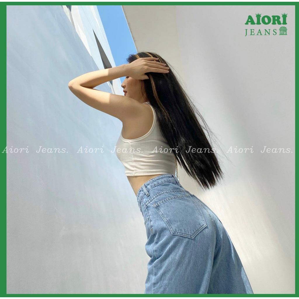 Quần Jeans Nữ, Quần Bò Nữ Aiori Ống Rộng Cạp Cao Trơn Kiểu Bò Suông Phong Cách Thời Trang Hàn Quốc Ulzzang_Mã 004