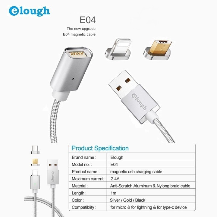 Cáp Sạc Hít Nam Châm 2.4A Elough E04 2in1 Lightning Và MicroUSB Chính Hãng Phân Phối