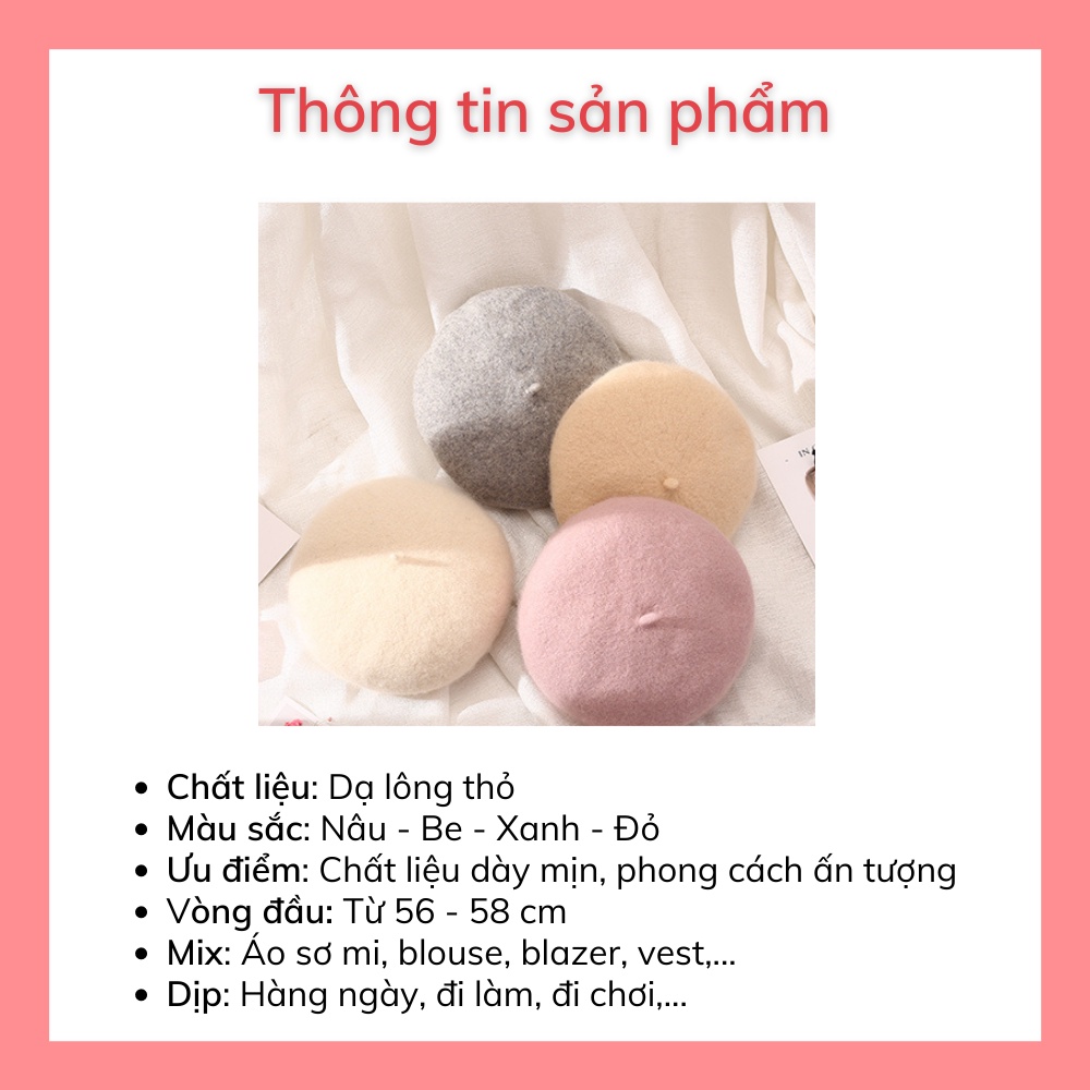 Mũ nồi beret dạ lông thỏ siêu mịn có dây rút phong cách Hàn Quốc Sollle M01R