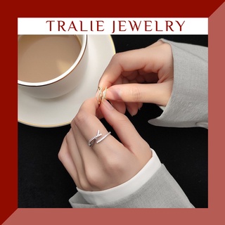 Nhẫn bạc 925 Tralie Jewelry đính đá, nhẫn chữ X, Nhẫn Line đính đá bạc S925 có thể điều chỉnh size