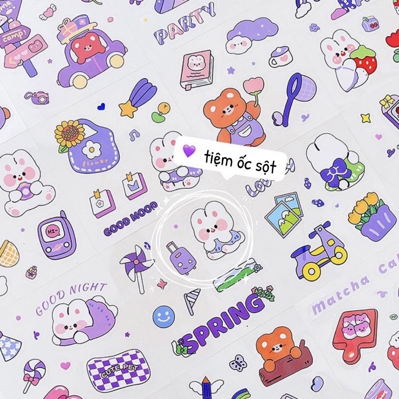 Set 20 tấm 100 miếng sticker hoạ tiết hoạt hình dễ thương, trang trí sổ tay, ốp điện thoại, bình nước Tiệm Ốc Sột