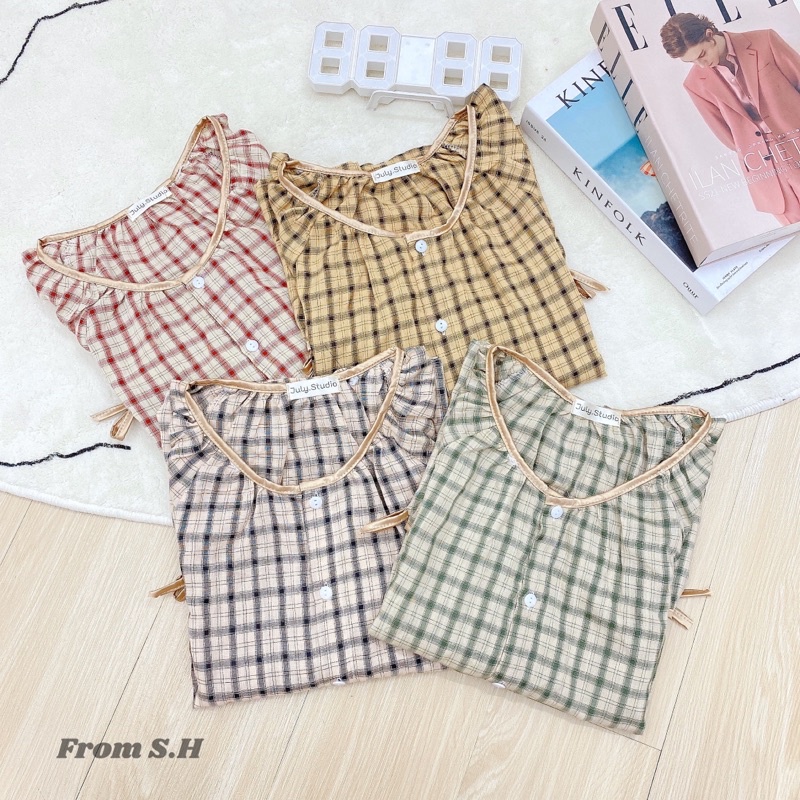 Bộ Kẻ Caro Mặc Nhà Phối Túi Nơ Chất Đũi Xinh