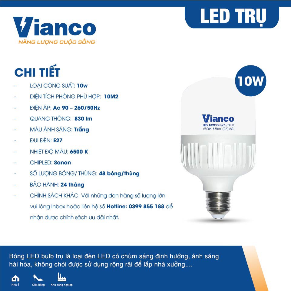 Bóng Đèn Led Trụ Nhựa VIANCO Siêu Tiết Kiệm Điện Năng, Led Trụ Có Chùm Sáng Định Hướng Công Suất Nhỏ