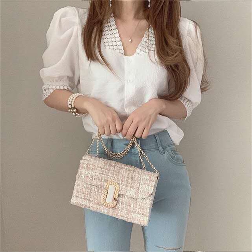 Áo kiểu SUXI phối ren tay phồng ngắn cổ chữ V thời trang hè phong cách Hàn Quốc cổ điển