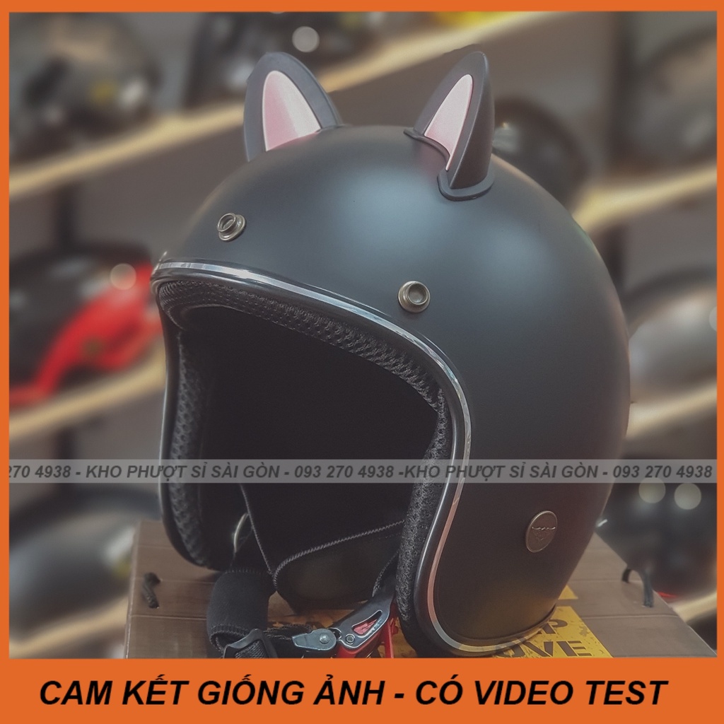 Combo nón bảo hiểm 3/4 gắn tai mèo nhựa hồng viền đen dễ thương nhiều màu - Mũ tai mèo phượt