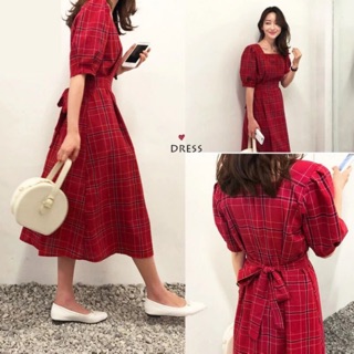 Váy kẻ cổ vuông thắt eo MORAN (ORDER)- Kèm ảnh thật ở cuối