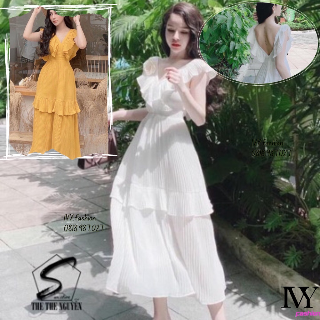Đầm váy Maxi 💐voan dập ly💐 Vàng Trắng Vintage cổ V tay bèo 2 tầng đi biển dự tiệc dạo phố bigsize gợi cảm sexy