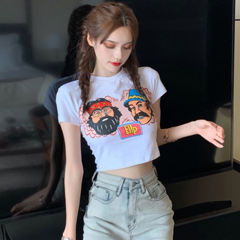 Áo Croptop Tay Ngắn Cổ Tròn Hoạ Tiết In Phong Cách Hàn Quốc