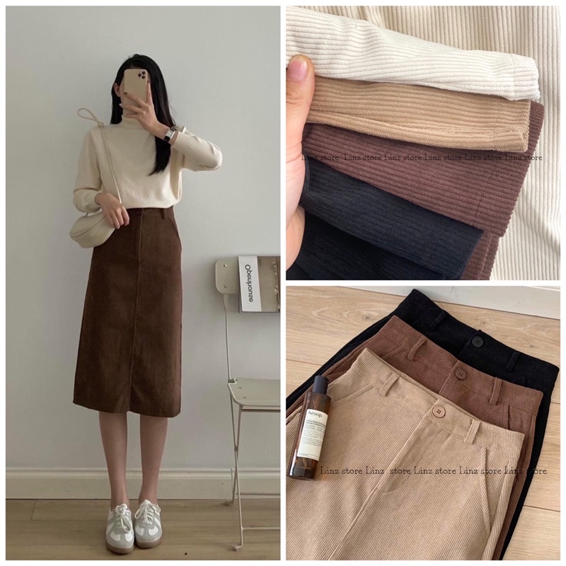 Chân váy nhung tăm dáng dài, chân váy dáng dài cạp phăng Linzstore