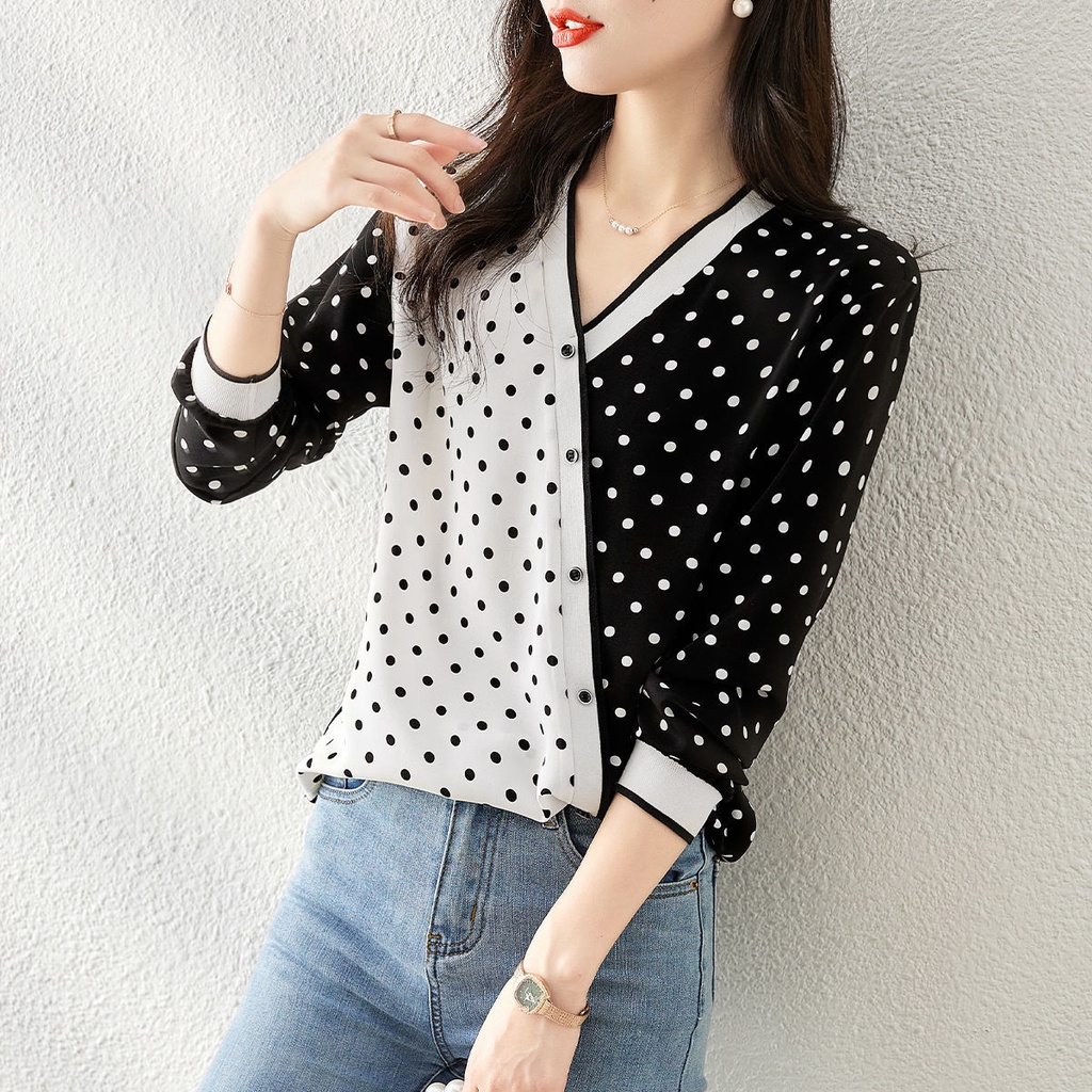 Áo Sơ Mi Chiffon Tay Ngắn Cổ Chữ V Họa Tiết Chấm Bi Thời Trang Mùa Hè