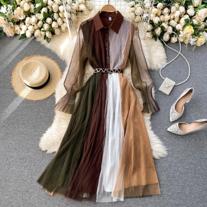 (Mẫu Đơn.order)Đầm dáng suông mix nhiều màu mix lưới thắt dây eo đủ size siêu xinh