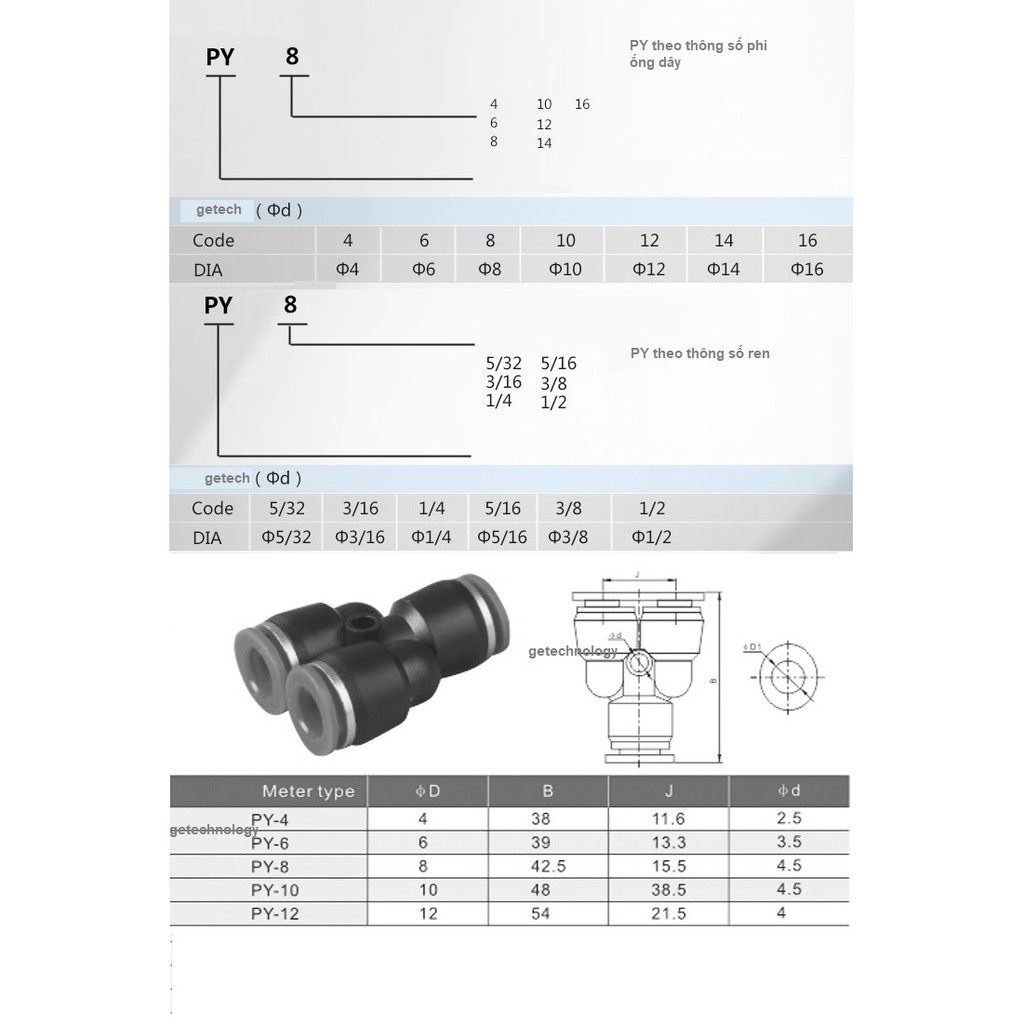 ĐẦU NỐI NHANH PY, ĐẦU NỐI KHÍ PY 3 ĐẦU ỐNG PY-04 PY-06 PY-08 PY-10 PY-12