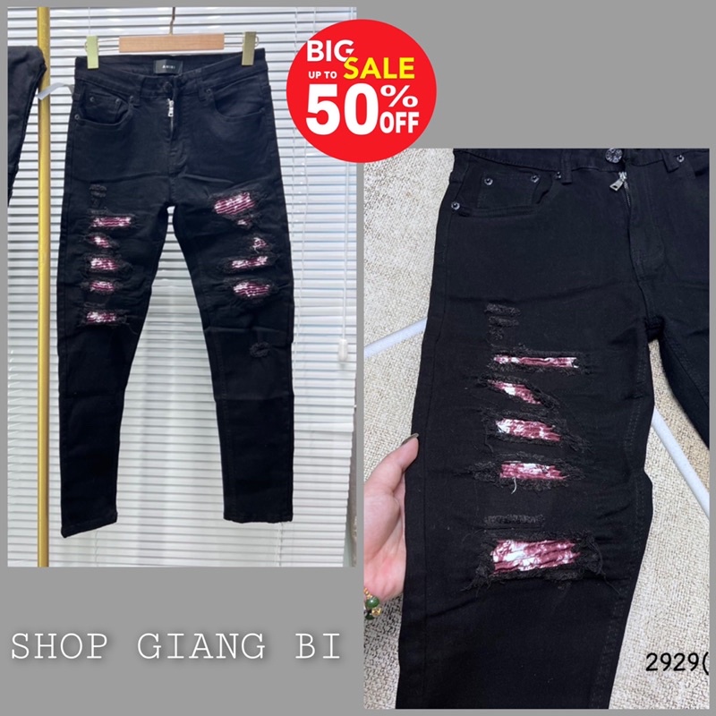 Quần jean vá nhăn màu hồng khâu viền,quần bò vá nhăn aimiri màu hồng dáng slimfit