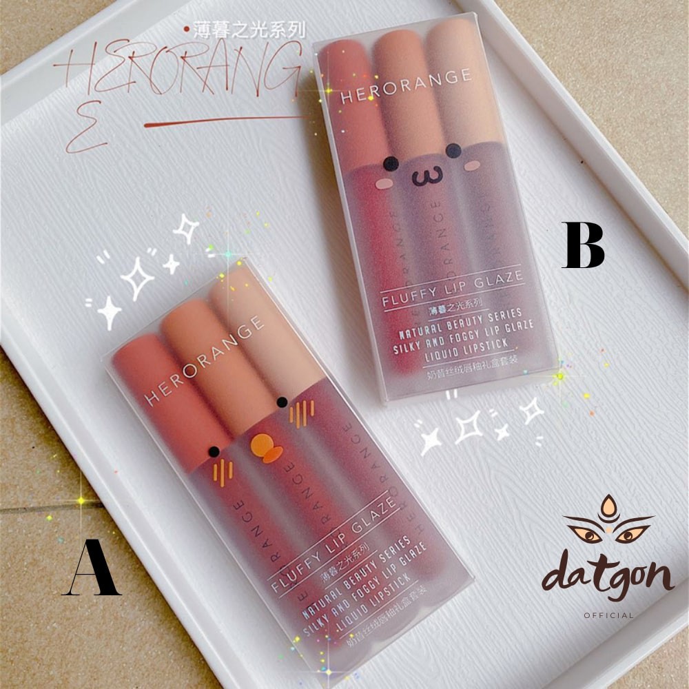 SET 3 cây SON KEM LÌ, son môi nội đ, son trang điểm, makeup mặt HERORANGE, Fluffy Lip Glaze gồm 3 thỏi 2021