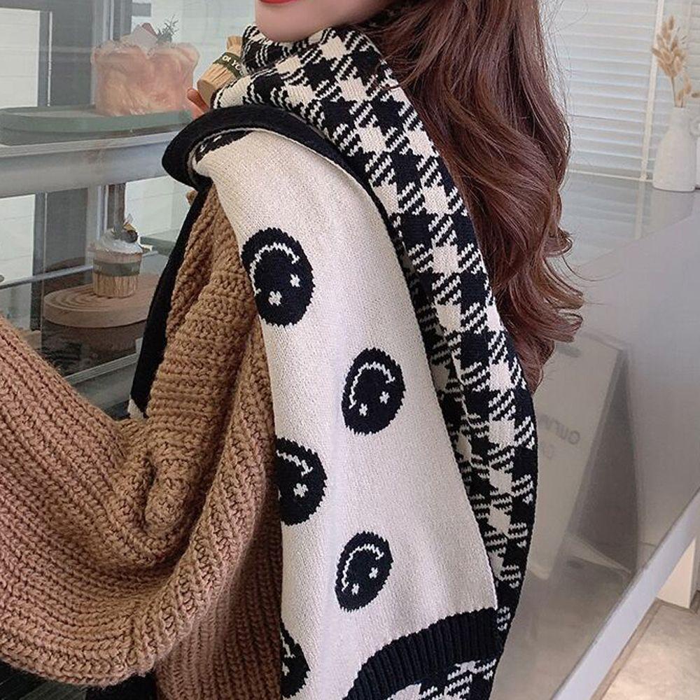 Khăn Choàng Cổ Dệt Kim Dày Mềm Mại In Họa Tiết Mặt Cười Thời Trang Cho Nữ