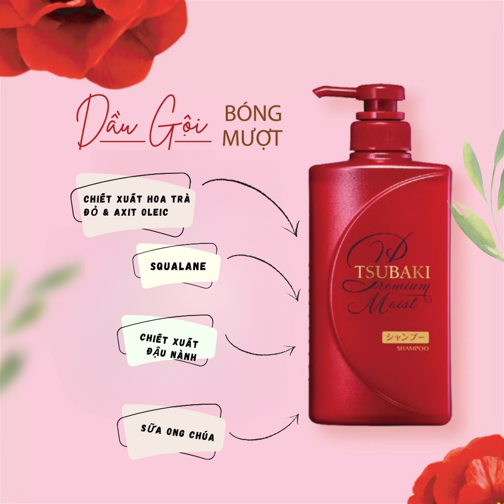 Dầu gội Tsubaki và dầu xả Tsubaki 490ml phục hồi tóc hư tổn, dưỡng tóc bóng mượt và giảm khô rối