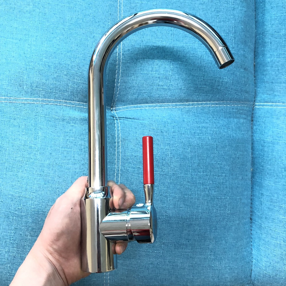(Kèm dây cấp nước NL) Vòi rửa chén bát nóng lạnh inox bóng cần cứng cắm chậu cổ bi xoay 360 độ cần gạt tròn Đỏ