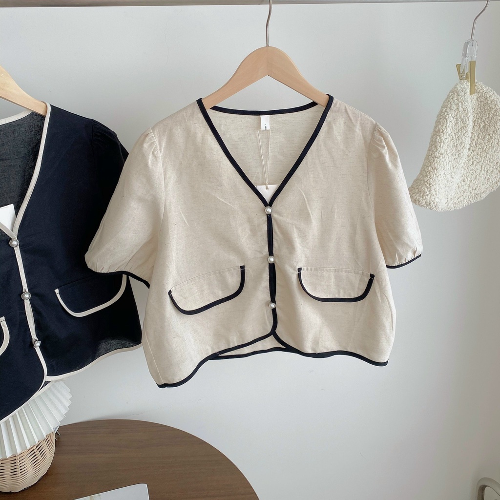 Áo Linen viền cổ V khuy trai 2471 I MISS