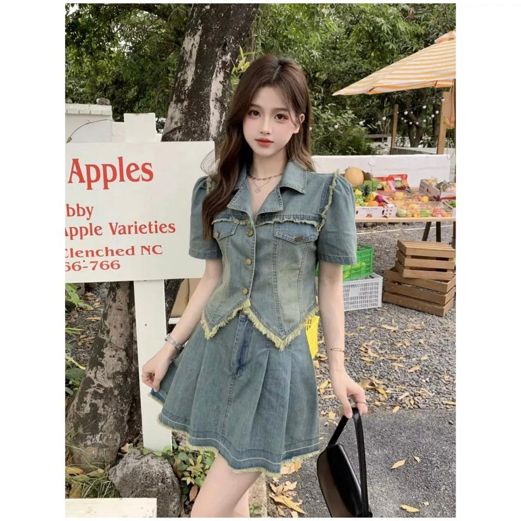 Bigsize Set jeans viền phối ren kèm chân váy 55-95kg