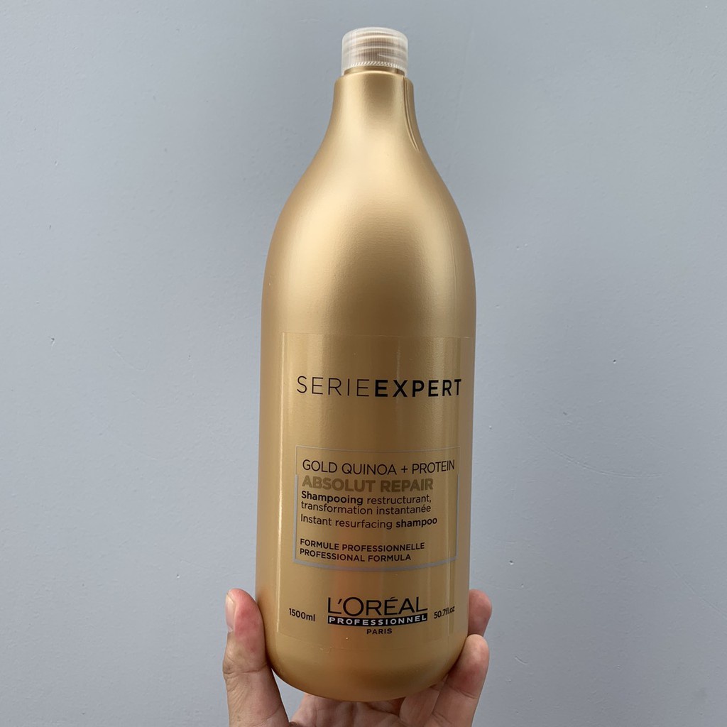 Combo gội xả và hấp dầu phục hồi tóc khô xơ, hư tổn L'oreal Gold Quinoa + Protein Absolut Repair Golden 1500ml