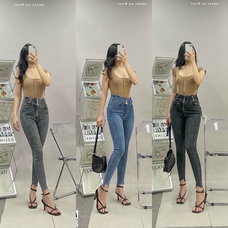 Quần jeans ôm co giãn cá cạp cao 3 khuy cách điệu