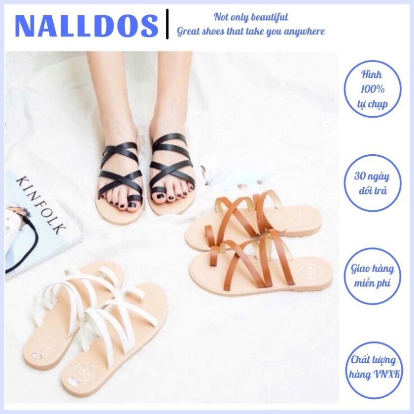 Dép nữ NALLDOS dép xỏ ngón nữ dây mảnh dép xỏ ngón hai dây chéo đế bằng 3 màu ( Đen, Bò, Trắng)