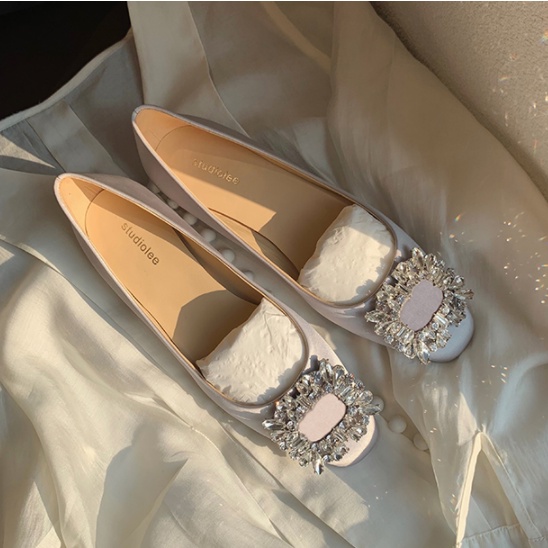 Giày Búp Bê Mũi Vuông Đính Đá Sang Trọng Cho Nữ