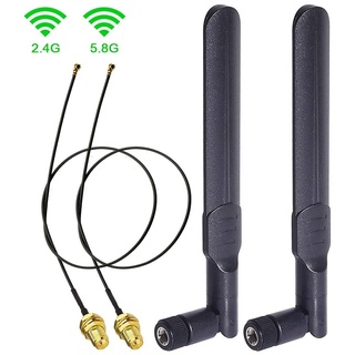 Dual Band WiFi 2.4GHz 5GHz 5.8GHz 8DBi RP-SMA Male Antenna & 20cm 8 Inch U.FL to RP-SMA Female Pigtail Cable 2-Pack