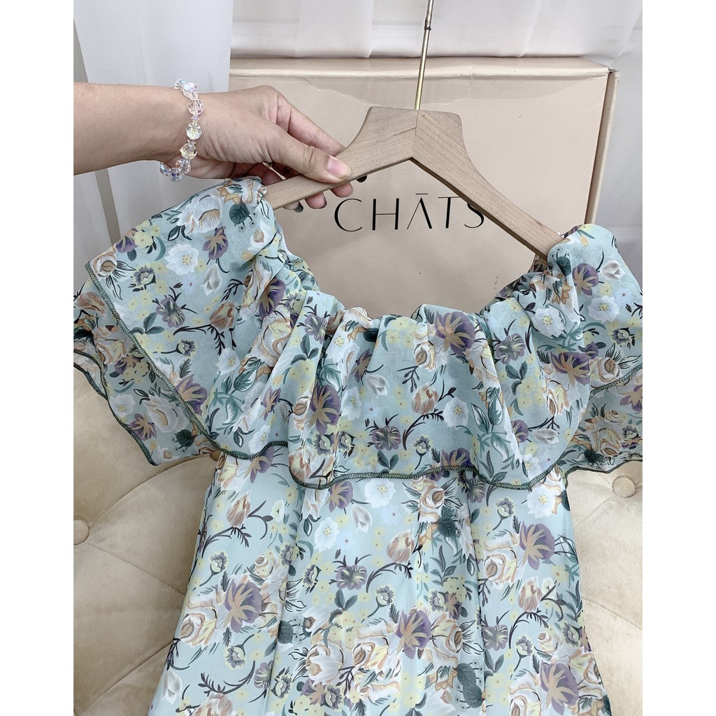 Đầm Xanh Hoa Lụa Trễ Vai | BigBuy360 - bigbuy360.vn