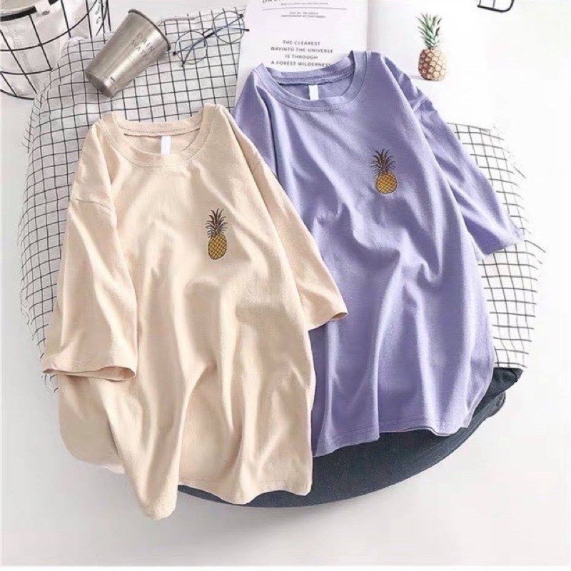 Áo Thun Cotton Quả Dứa Siêu Hot, đẹp, Hình thêu xịn sò- Áo Phông form rộng, tay lỡ Unisex năng động, cá tính