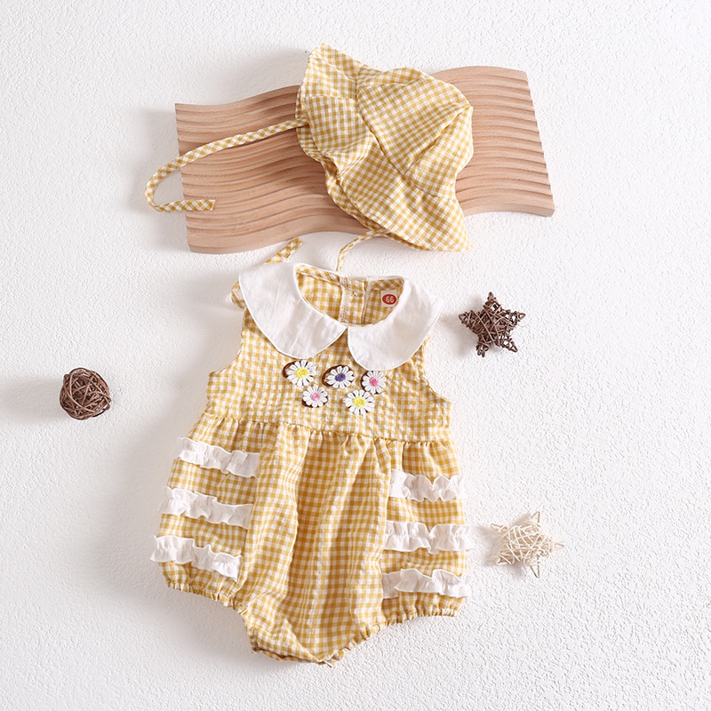Bộ Áo Liền Quần Bằng Vải Cotton Màu Vàng In Hoa Dành Cho Bé Gái Sơ Sinh 0715