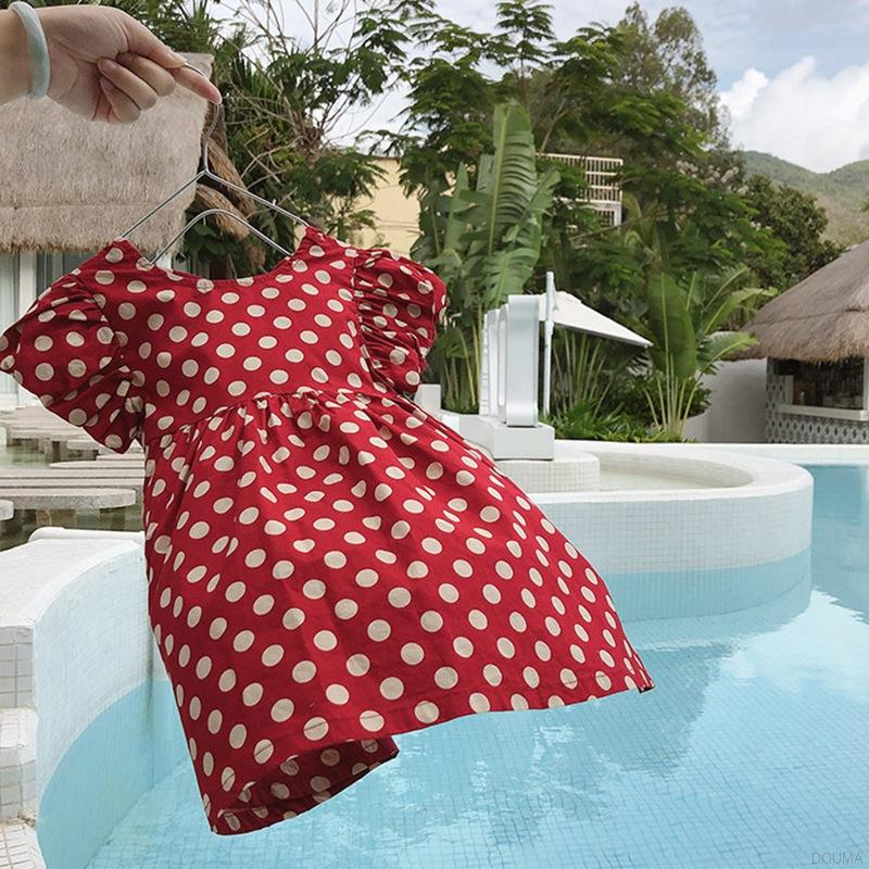 Đầm nền đỏ hoạ tiết chấm bi cổ điển dễ thương cho bé gái từ 3-8 tuổi