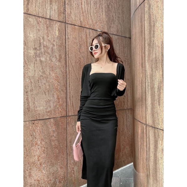 Set đầm body kèm áo khoác QC phom dài co giãn trẻ trung năng động