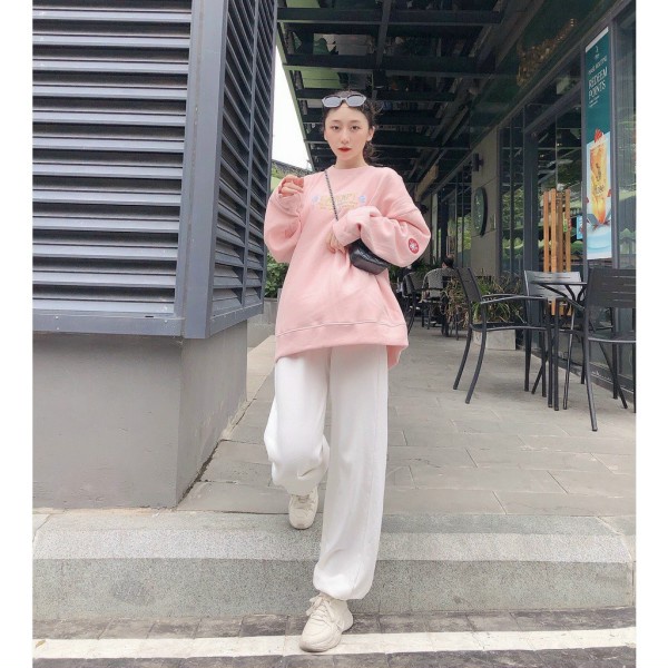 Set sweater dài tay oversize in chữ - Bộ áo nỉ cổ tròn form rộng suông trơn kèm quần jogger ống boom kiểu dáng trẻ trung