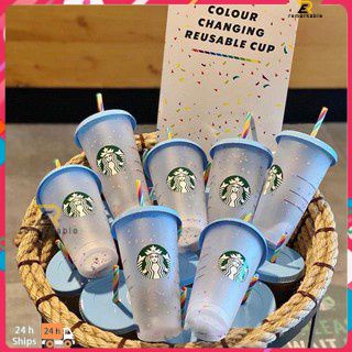 Bình Giữ Nhiệt Cao Cấp Starbucks Nhựa Uống Bộ Có Thể Tái Sử Dụng Đổi Màu Nắp Và Ống Hút/24 FlOz/710 Ml