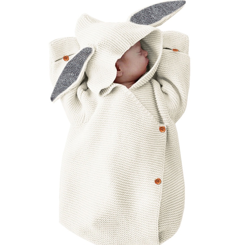 Chăn Quấn Em Bé Bằng Cotton Dệt Kim Hình Tai Thỏ Dễ Thương