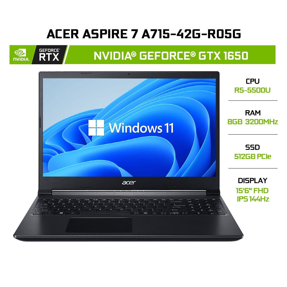 [ELBAU7 giảm 7%] Laptop Acer Aspire 7 A715-42G-R05G R5-5500U 8GB 512GB 15.6' 144Hz W11