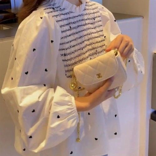 Áo sơ mi tay phồng in họa tiết trái tim phong cách retro mùa thu 2021 cho nữ