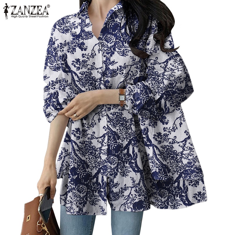 Áo ZANZEA dáng rộng tay dài cổ lật chất liệu cotton in họa tiết hoa thời trang đường phố cho nữ