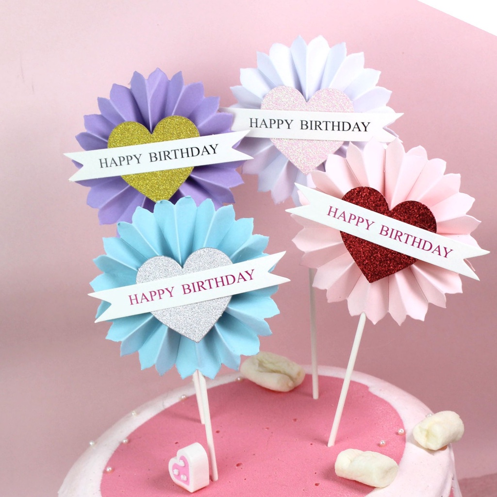 Phụ kiện bánh sinh nhật bánh kem - Que cắm hoa quạt tròn trái tim hpbd