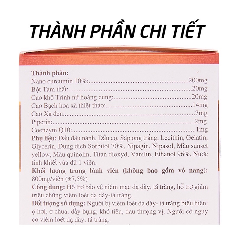 Nano curcumin Tex - viên uống giảm viêm loét dạ dày tá tràng Nano Curcumin gold tam thất xạ đen -lọ 30 viên