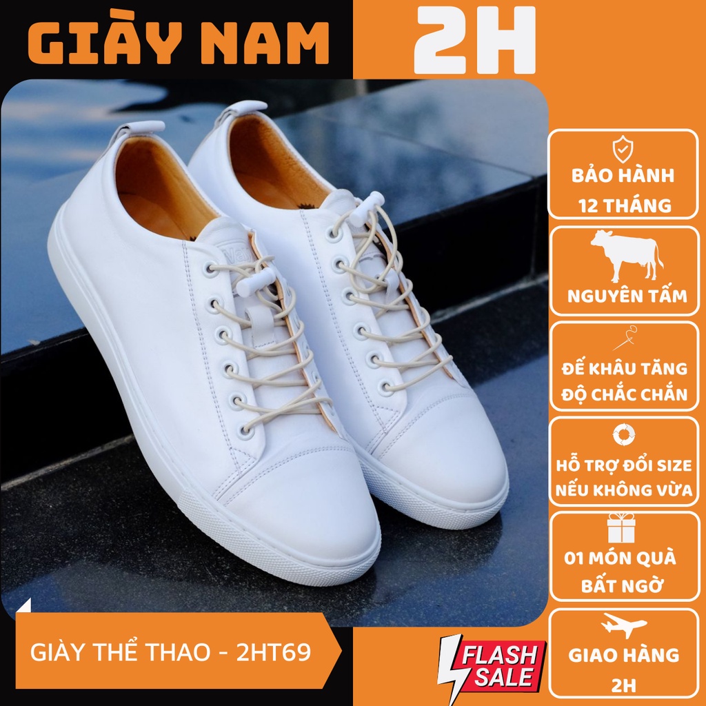 Giày nam sneaker trắng, thể thao da bò nguyên tấm thật 100% - 2H - T69