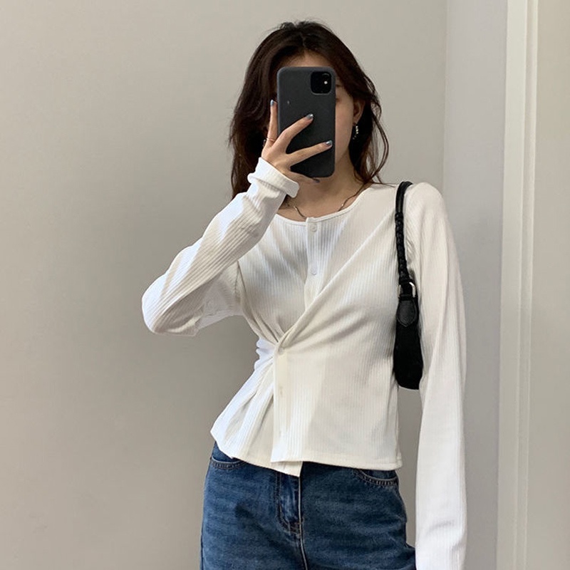 Áo cardigan IELGY dáng ôm vải cotton dệt kim sọc gân tay dài cổ tròn phối nút cài co giãn cho nữ