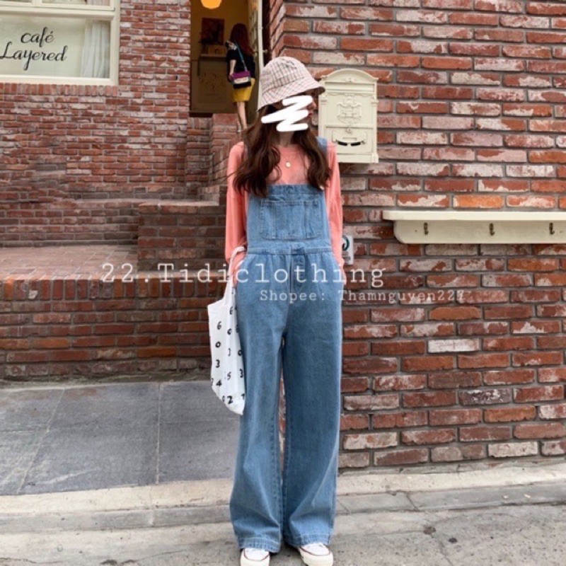 Quần yếm jeans ulzzang ống rộng có bigsize móc gài hai dây