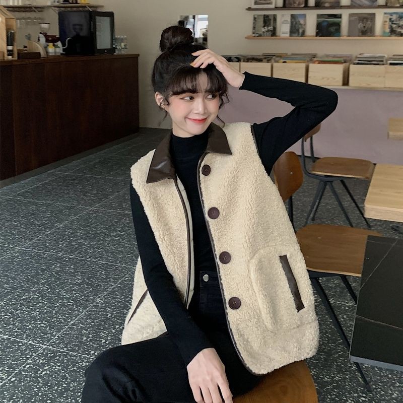 Áo gile nữ lông cừu, áo cardigan không tay thu đông 2020