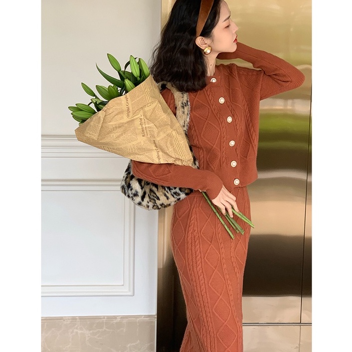 Set Áo Khoác Len + Chân Váy Dệt Kim Phong Cách Hong Kong Cho Nữ