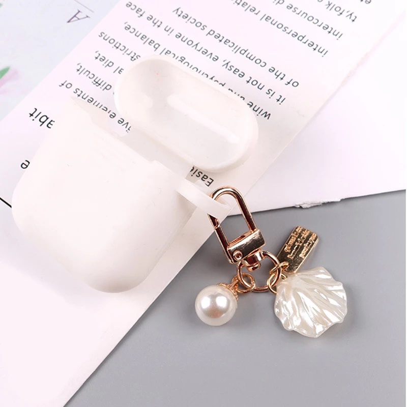 Móc khóa kim loại hình trái tim/ vỏ sò đính ngọc trai giả cổ điển