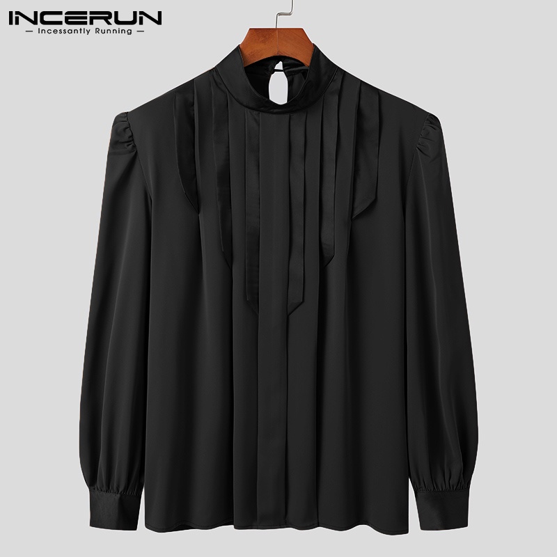 Áo kiểu INCERUN cổ lọ tay dài xếp ly màu trơn phong cách vintage thời trang cho nam